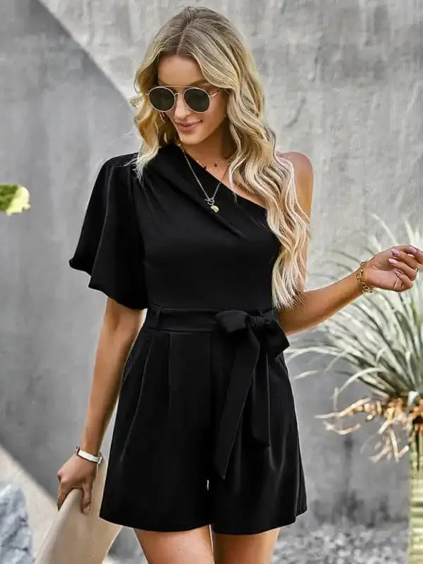 Women’s Elegant Solid Color One Shoulder Rompers