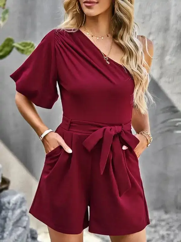 Women’s Elegant Solid Color One Shoulder Rompers