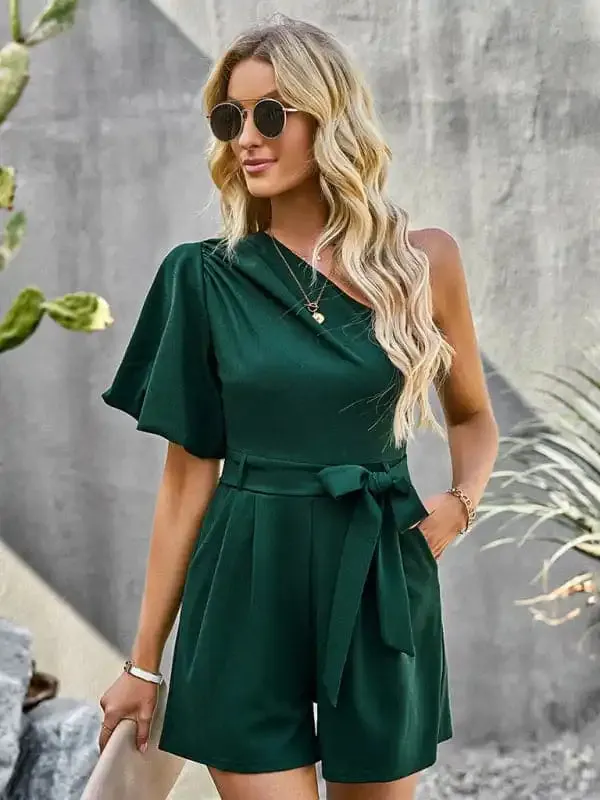 Women’s Elegant Solid Color One Shoulder Rompers