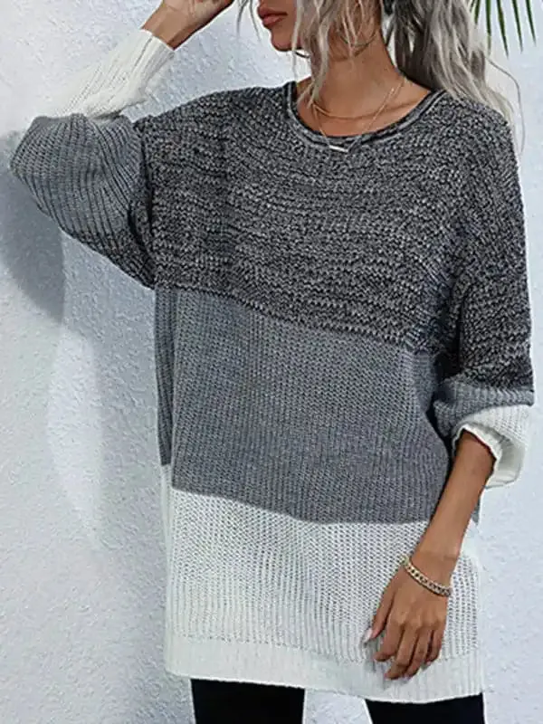 Women’s European and American Crew Neck Long Sleeve Contrast Knit Sweater