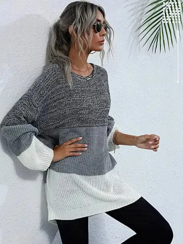 Women’s European and American Crew Neck Long Sleeve Contrast Knit Sweater