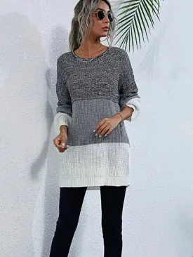 Women’s European and American Crew Neck Long Sleeve Contrast Knit Sweater