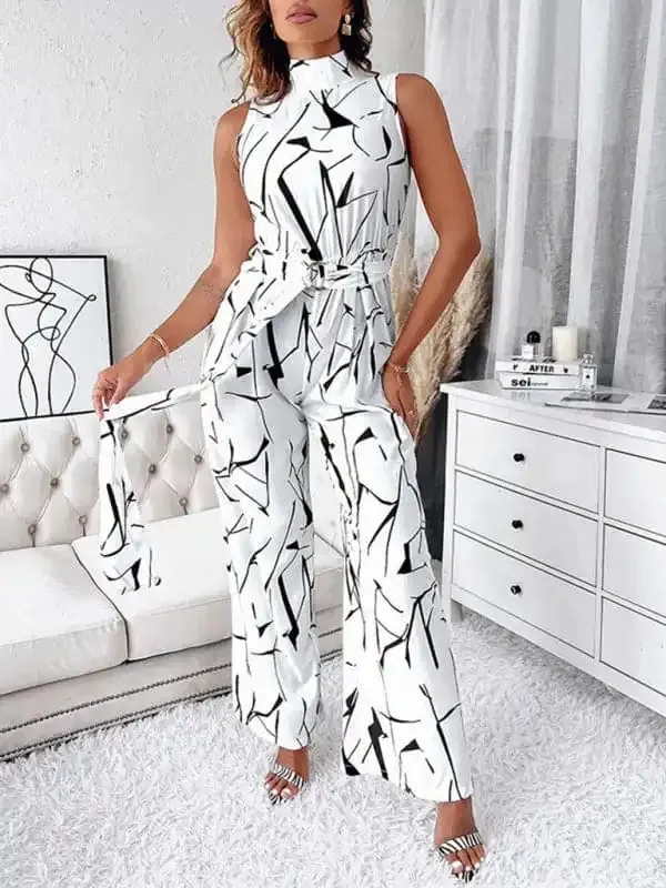 Women’s Fashion Commuter Slim Abstract Print Sleeveless Jumpsuit