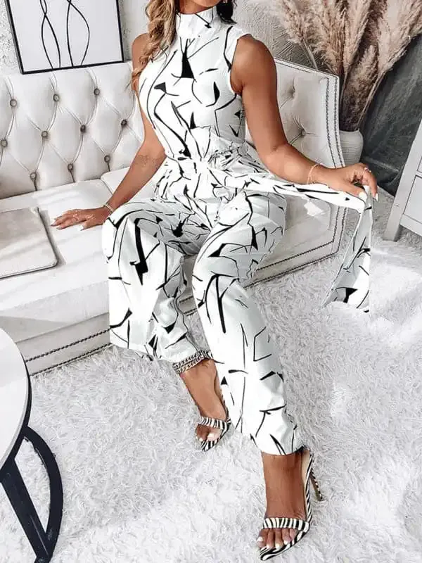 Women’s Fashion Commuter Slim Abstract Print Sleeveless Jumpsuit