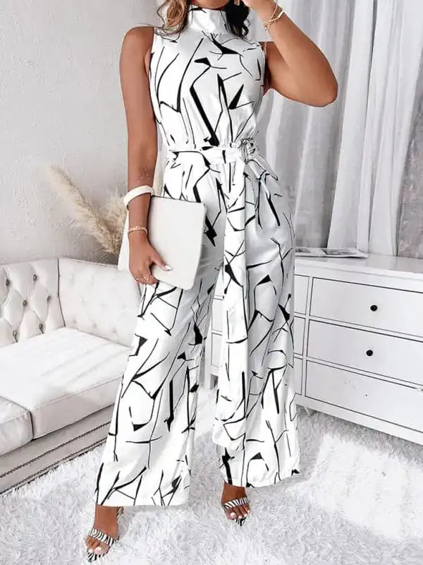 Women’s Fashion Commuter Slim Abstract Print Sleeveless Jumpsuit