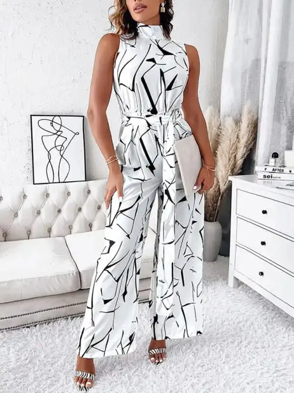 Women’s Fashion Commuter Slim Abstract Print Sleeveless Jumpsuit