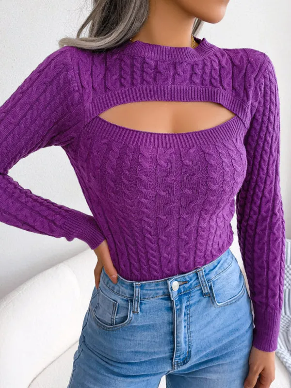 Women's fashion hollow fried dough twist long sleeve sweater