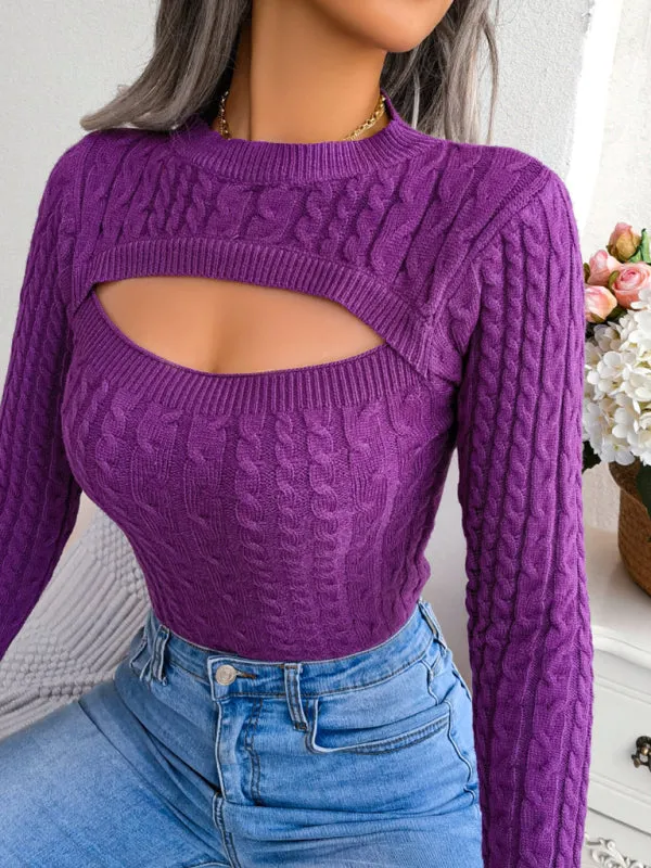 Women's fashion hollow fried dough twist long sleeve sweater