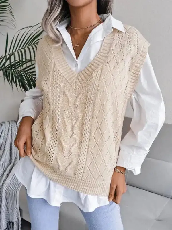 Women’s hollow out fried dough twist V-neck knitted vest sweater