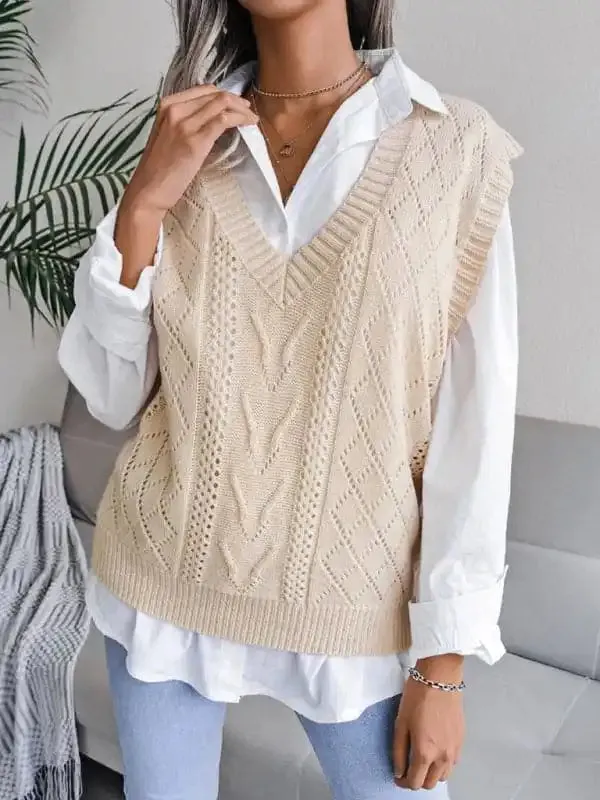 Women’s hollow out fried dough twist V-neck knitted vest sweater