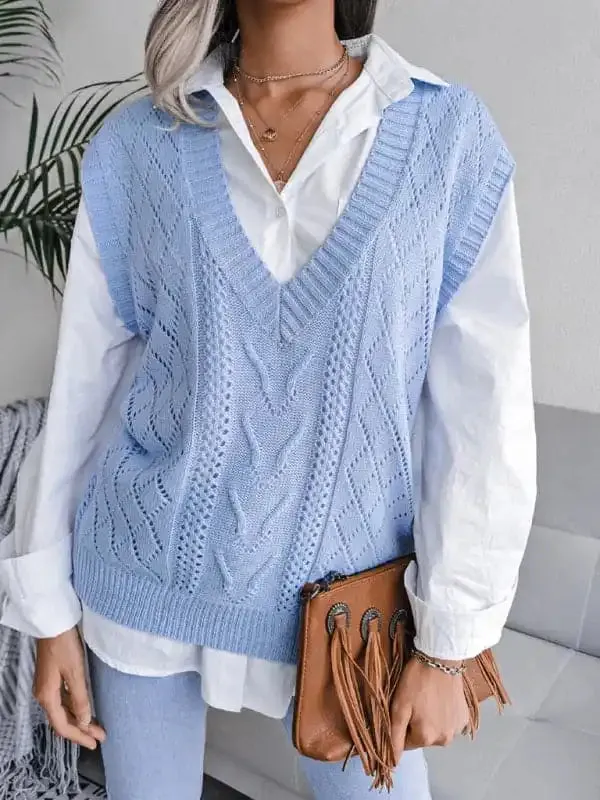 Women’s hollow out fried dough twist V-neck knitted vest sweater