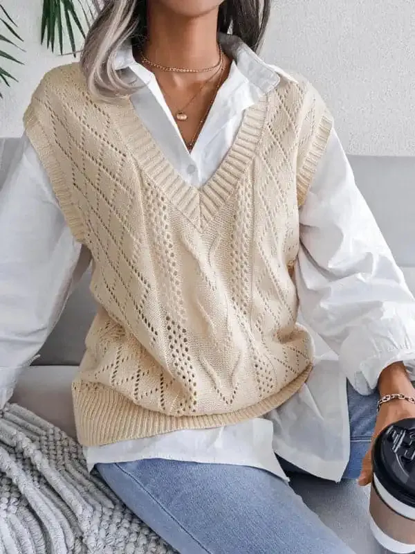 Women’s hollow out fried dough twist V-neck knitted vest sweater