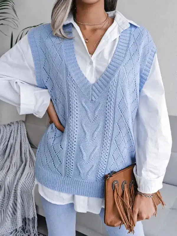 Women’s hollow out fried dough twist V-neck knitted vest sweater