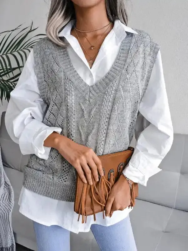 Women’s hollow out fried dough twist V-neck knitted vest sweater