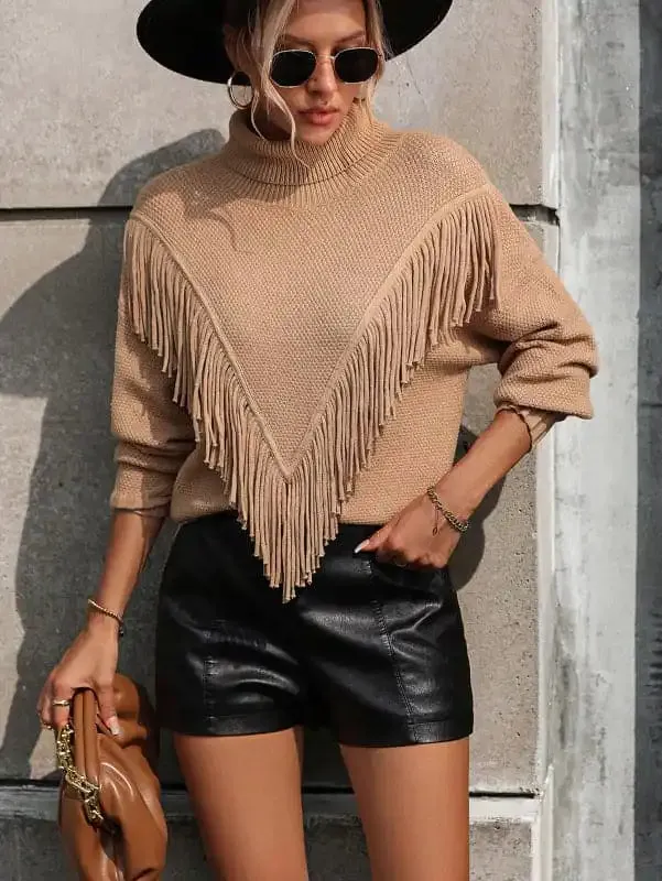 Women’s Loose Fringed Sweater Knit Turtleneck Sweater