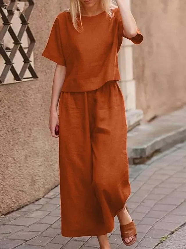 Women's Loungewear Sets 2Pcs Pure Color Short Sleeve Shirts and Wide Leg Pants Casual Comfort Home Daily Polyester Spring Summer Orange Red Navy