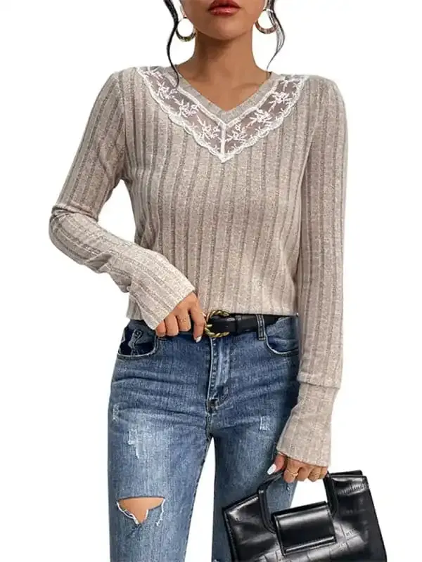 Women’s new solid color long sleeve v-neck sweater