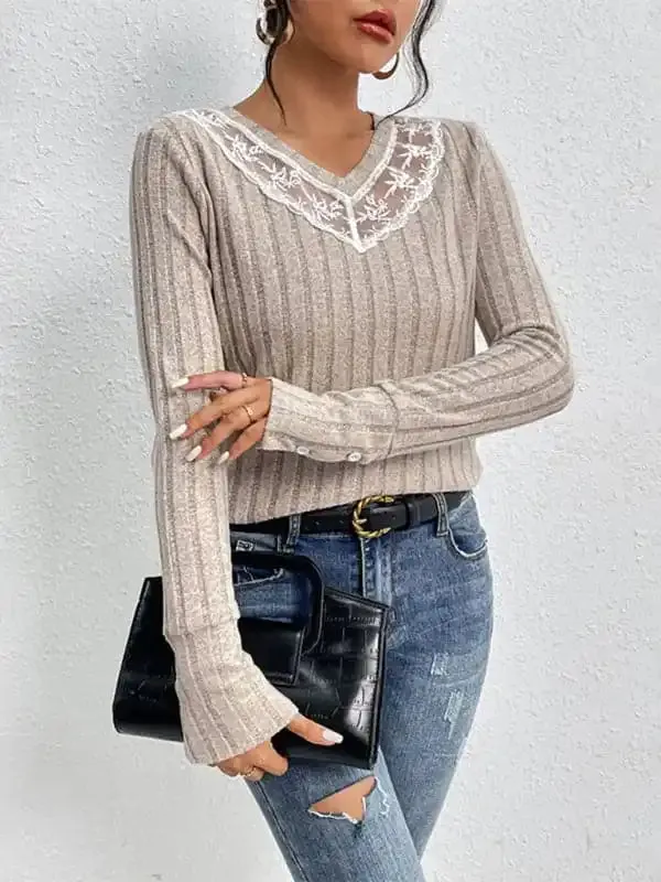 Women’s new solid color long sleeve v-neck sweater