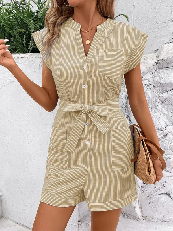 Women's Pinstripe Short Sleeve Jumpsuit