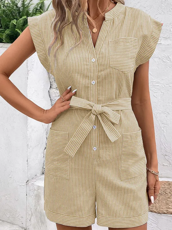 Women's Pinstripe Short Sleeve Jumpsuit