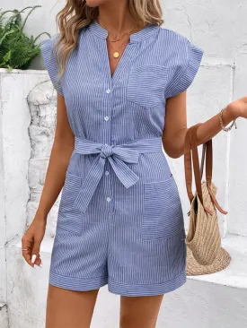 Women's Pinstripe Short Sleeve Jumpsuit