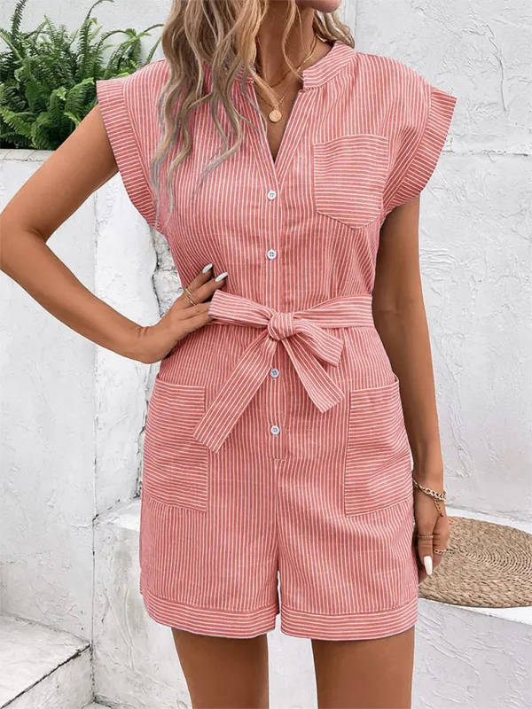 Women's Pinstripe Short Sleeve Jumpsuit