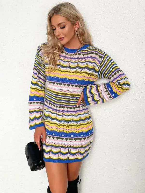 Women’S Rainbow Stripe Pullover Medium Length Sweater