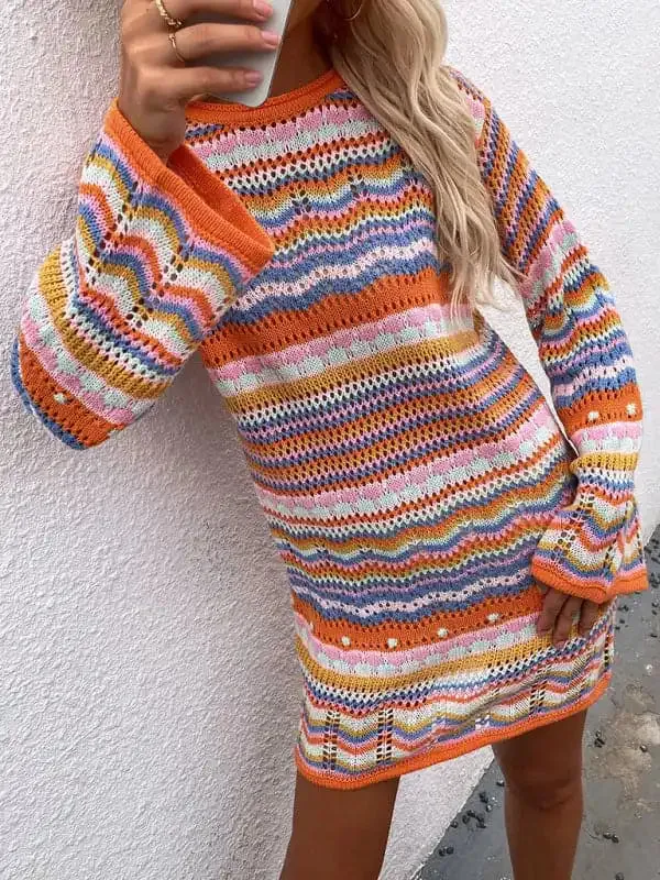 Women’S Rainbow Stripe Pullover Medium Length Sweater