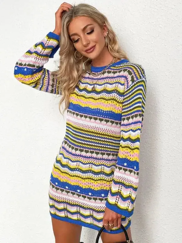 Women’S Rainbow Stripe Pullover Medium Length Sweater