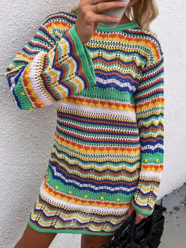 Women’S Rainbow Stripe Pullover Medium Length Sweater