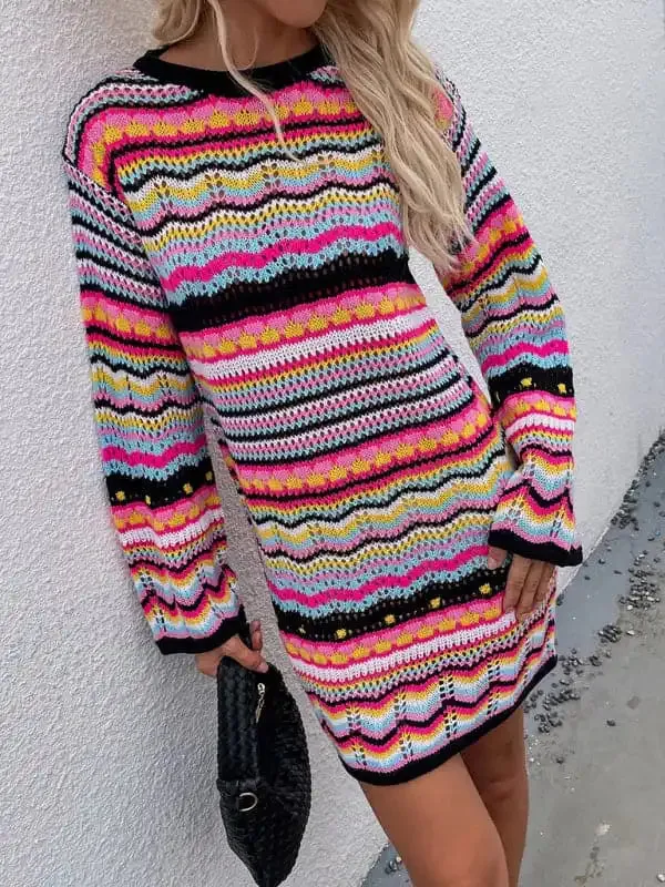 Women’S Rainbow Stripe Pullover Medium Length Sweater