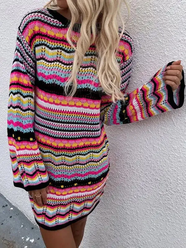 Women’S Rainbow Stripe Pullover Medium Length Sweater