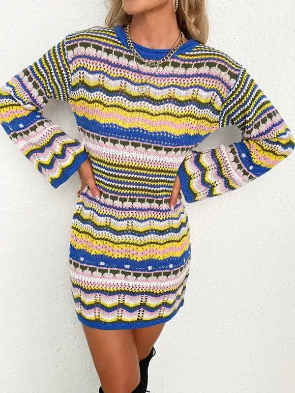 Women’S Rainbow Stripe Pullover Medium Length Sweater