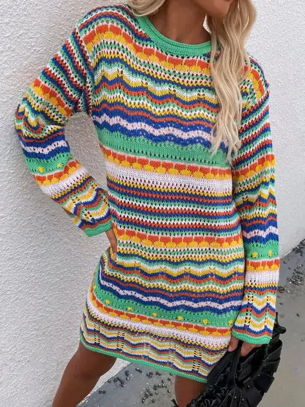 Women’S Rainbow Stripe Pullover Medium Length Sweater