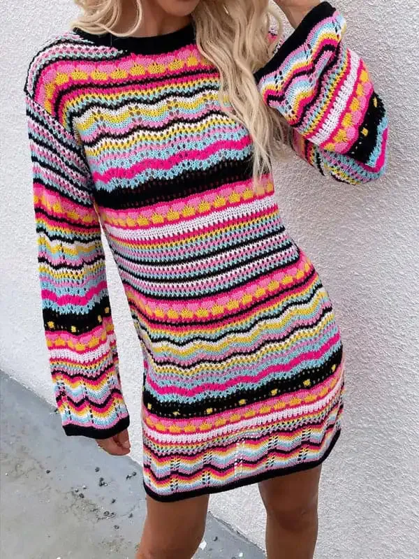 Women’S Rainbow Stripe Pullover Medium Length Sweater