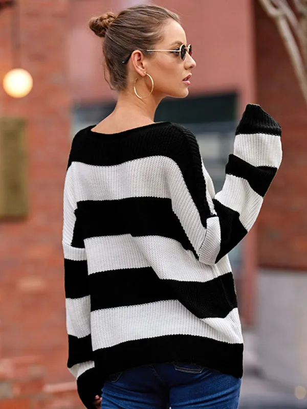 Women's rolled round neck striped color block sweater