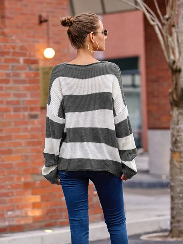 Women's rolled round neck striped color block sweater