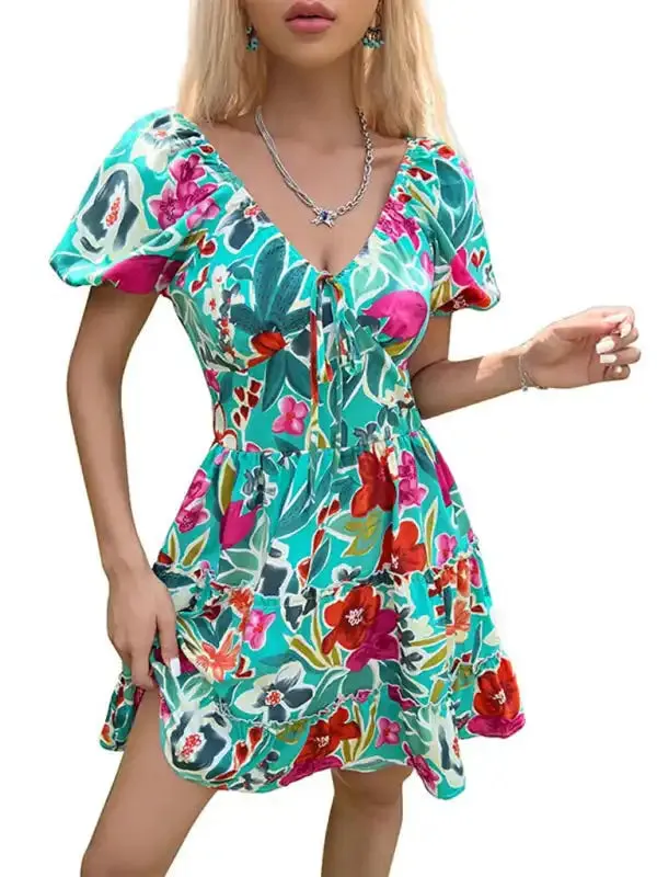 Women’s ruffled V-neck smocked printed dress