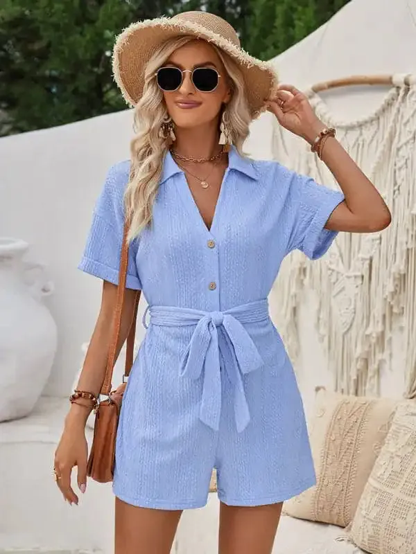 Women’s short-sleeved lace-up lapel jacquard knitted solid color short jumpsuit