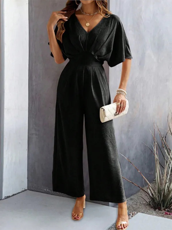 Women's Short-Sleeved Solid Color Temperament Casual Wide-leg Jumpsuit