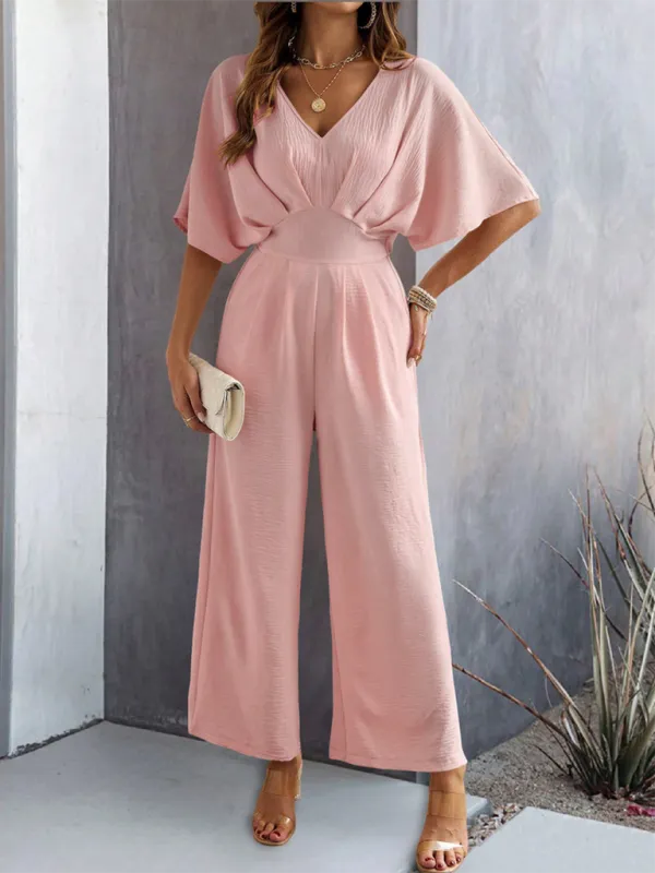 Women's Short-Sleeved Solid Color Temperament Casual Wide-leg Jumpsuit