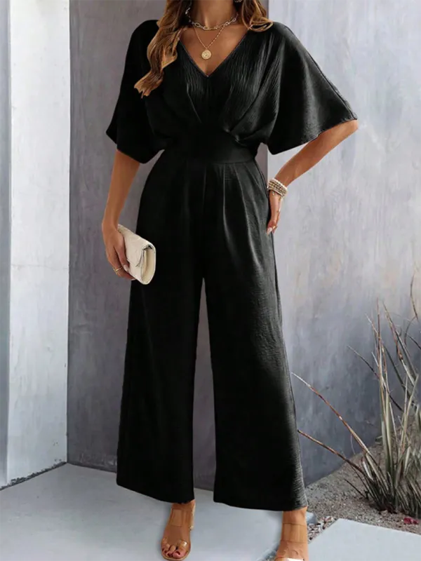 Women's Short-Sleeved Solid Color Temperament Casual Wide-leg Jumpsuit