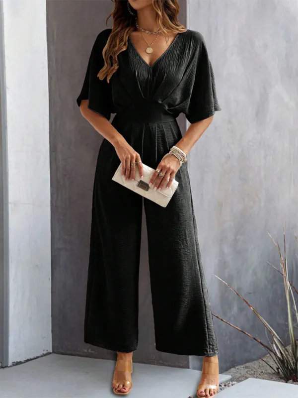 Women's Short-Sleeved Solid Color Temperament Casual Wide-leg Jumpsuit