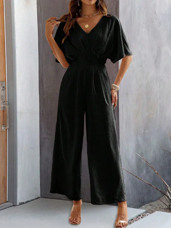 Women's Short-Sleeved Solid Color Temperament Casual Wide-leg Jumpsuit