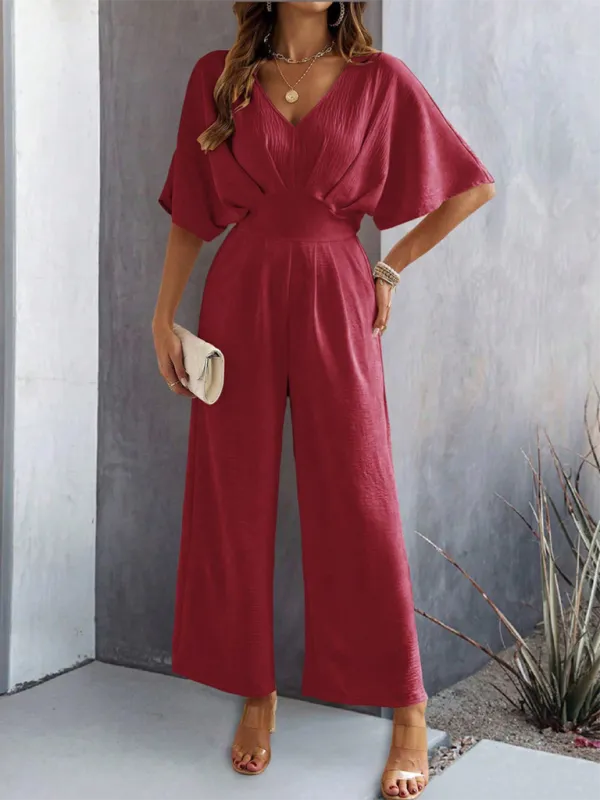 Women's Short-Sleeved Solid Color Temperament Casual Wide-leg Jumpsuit