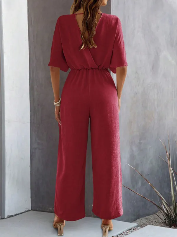 Women's Short-Sleeved Solid Color Temperament Casual Wide-leg Jumpsuit