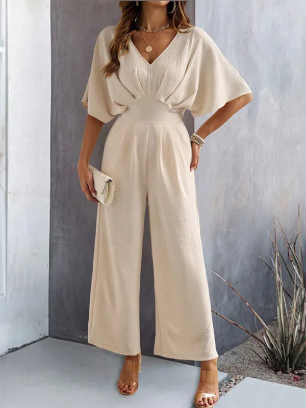 Women's Short-Sleeved Solid Color Temperament Casual Wide-leg Jumpsuit