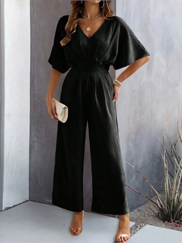 Women's Short-Sleeved Solid Color Temperament Casual Wide-leg Jumpsuit