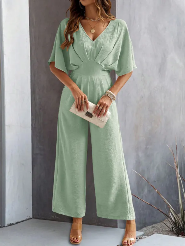 Women's Short-Sleeved Solid Color Temperament Casual Wide-leg Jumpsuit