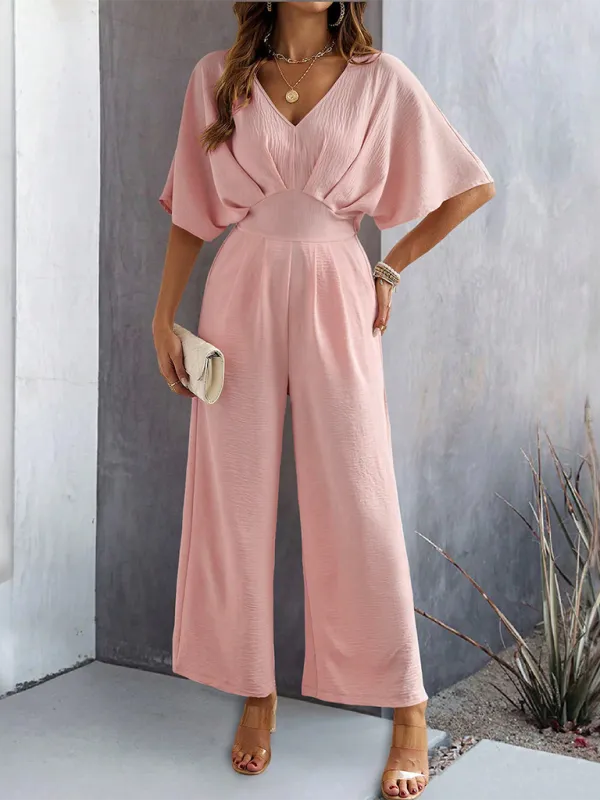 Women's Short-Sleeved Solid Color Temperament Casual Wide-leg Jumpsuit